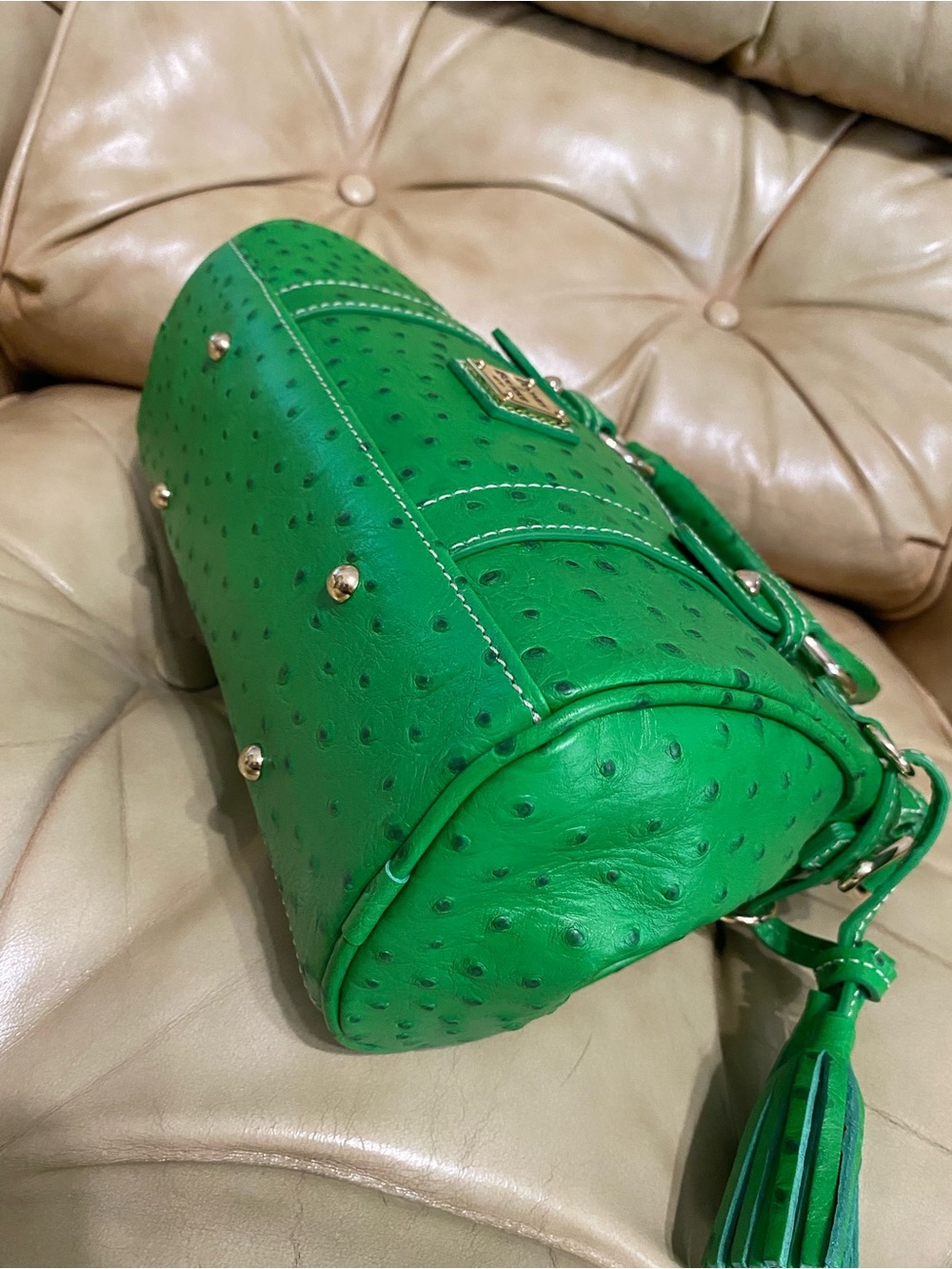 NEW Dooney & Bourke Kelly Green Pocket Satchel Ostrich Embossed Leather Tassel - Picture 7 of 15
